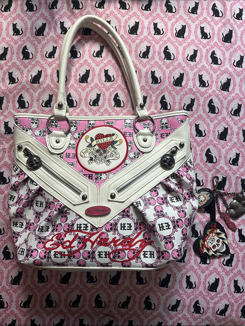 Ed Hardy Pink & White Skull Heart Tote Bag with Red Logo